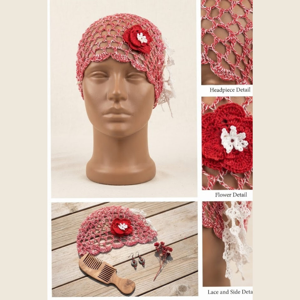 El Örgüsü Çiçek Detaylı Kırmızı-Beyaz File Bandana