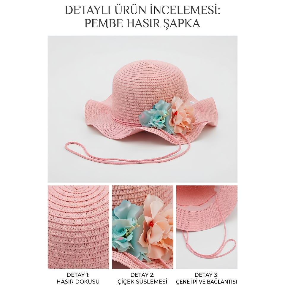 Pembe Çiçek Detaylı Hasır Şapka