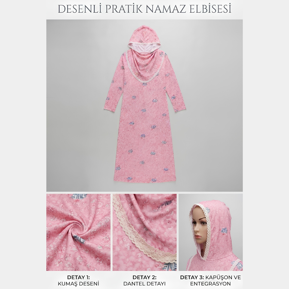 Pembe Dantel Detaylı Kapüşonlu ve Eşarplı Namaz Elbisesi