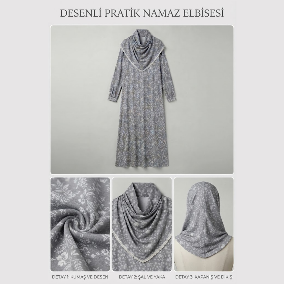 Gri Dantel Detaylı Pratik Bütünleşik Eşarplı Namaz Elbisesi