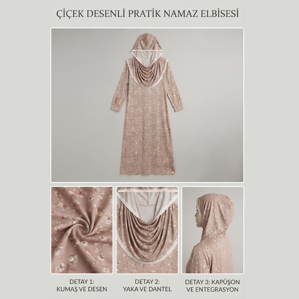Bej Çiçek Desenli Dantel Detaylı Kapüşonlu ve Eşarplı Namaz Elbisesi