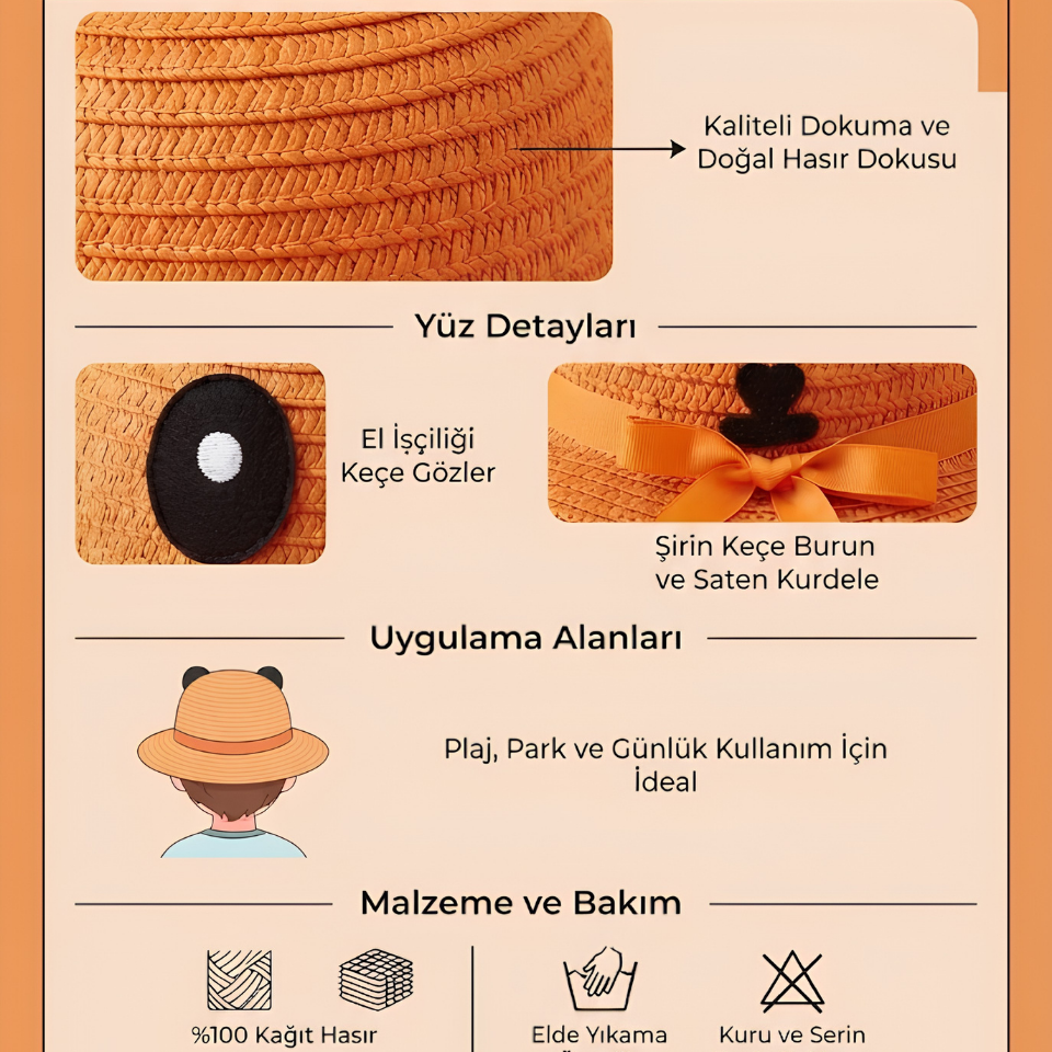 Sevimli Hayvan Figürlü Hasır Şapka