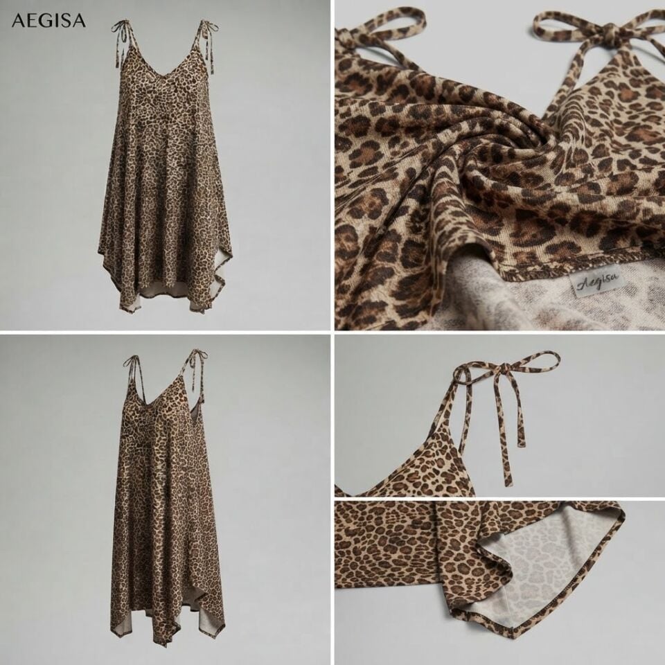 Leopar Desenli İpli Askılı V Yaka Asimetrik Kesim Mini Elbise