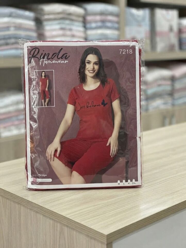 Rinda 7218 Baskılı Yazlık Kırmızı Kapri Kadın Pijama Takımı