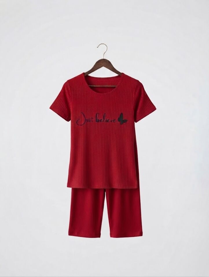 Rinda 7218 Baskılı Yazlık Kırmızı Kapri Kadın Pijama Takımı