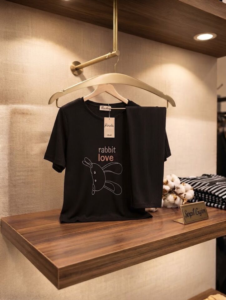 Rinda Homewear 6840 Siyah Tavşan Baskılı Kadın Uzun Pijama Takımı