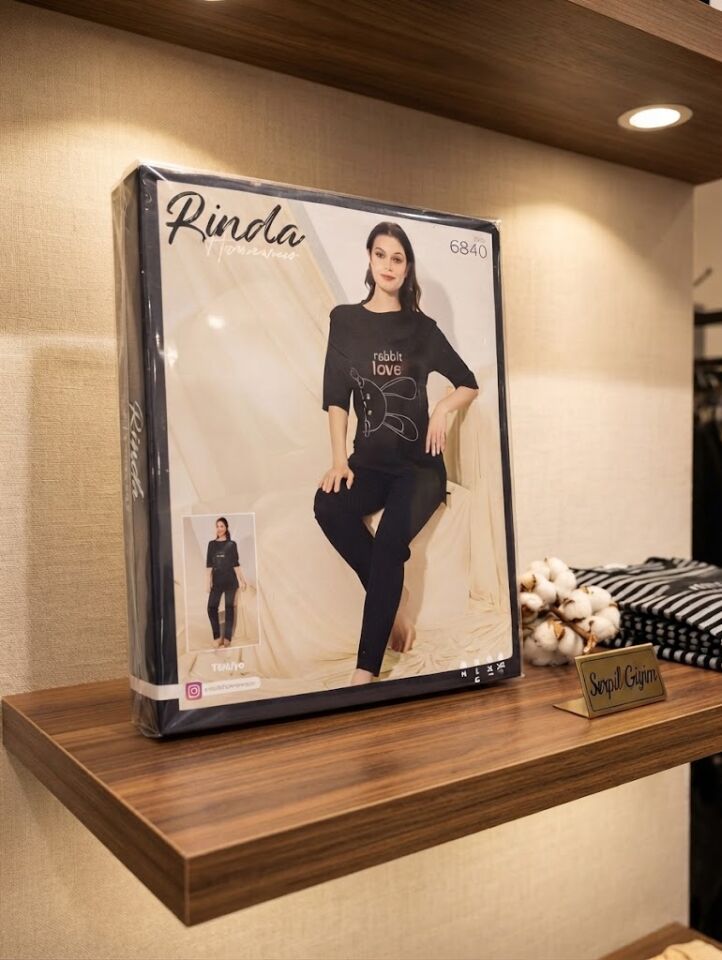 Rinda Homewear 6840 Siyah Tavşan Baskılı Kadın Uzun Pijama Takımı